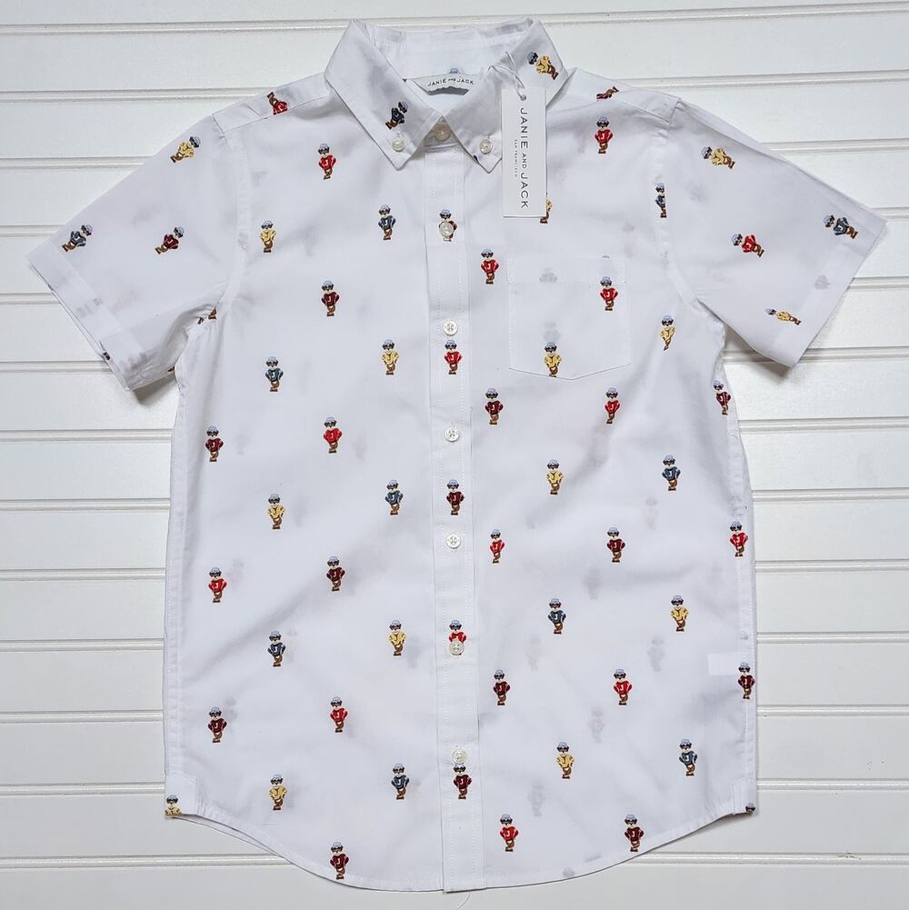 NWT Janie and Jack Boys The Varsity Bulldog Button Down Shirt Size 10 White